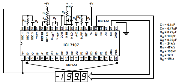 ICL7107 TEST CIRCUIT AND TYPICAL APPLICATION WITH LED DISPLAY COMPONENTS SELECTED FOR 200mV FULL.png
