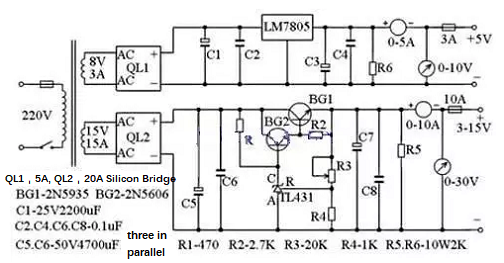 Figure. 2 10A 3~15V Regulated Adjustable Power Supply Circuit.png