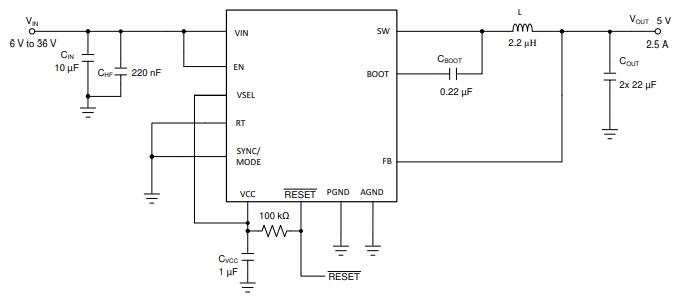 LM63625 Example Application Circuit VIN= 12 V; Vouτ= 5 V, louτ= 2.5 A, fsw= 2.1 MHz.jpg LM63625 Example Application Circuit VIN= 12 V; Vouτ= 5 V, louτ= 2.5 A, fsw= 2.1 MHz.jpg