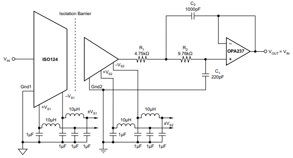 Typical Application <a href='https://www.utmel.com/components/iso124-isolation-amplifiers-pinout-price-and-datasheet-pdf?id=114'><strong>ISO124</strong></a> With Output Filter for Improved Ripple.png Typical Application ISO124 With Output Filter for Improved Ripple.png