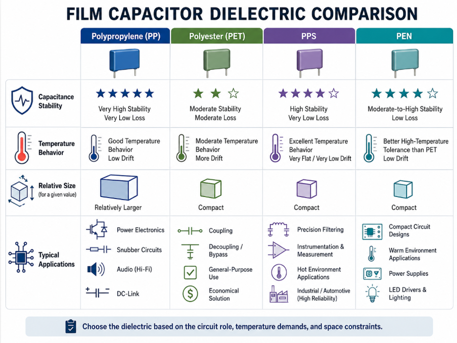 Comparison chart of film capacitor dielectric materials including polypropylene, polyester PET, PPS, and PEN with stability, temperature behavior, size, and applications..png Comparison chart of film capacitor dielectric materials including polypropylene, polyester PET, PPS, and PEN with stability, temperature behavior, size, and applications..png