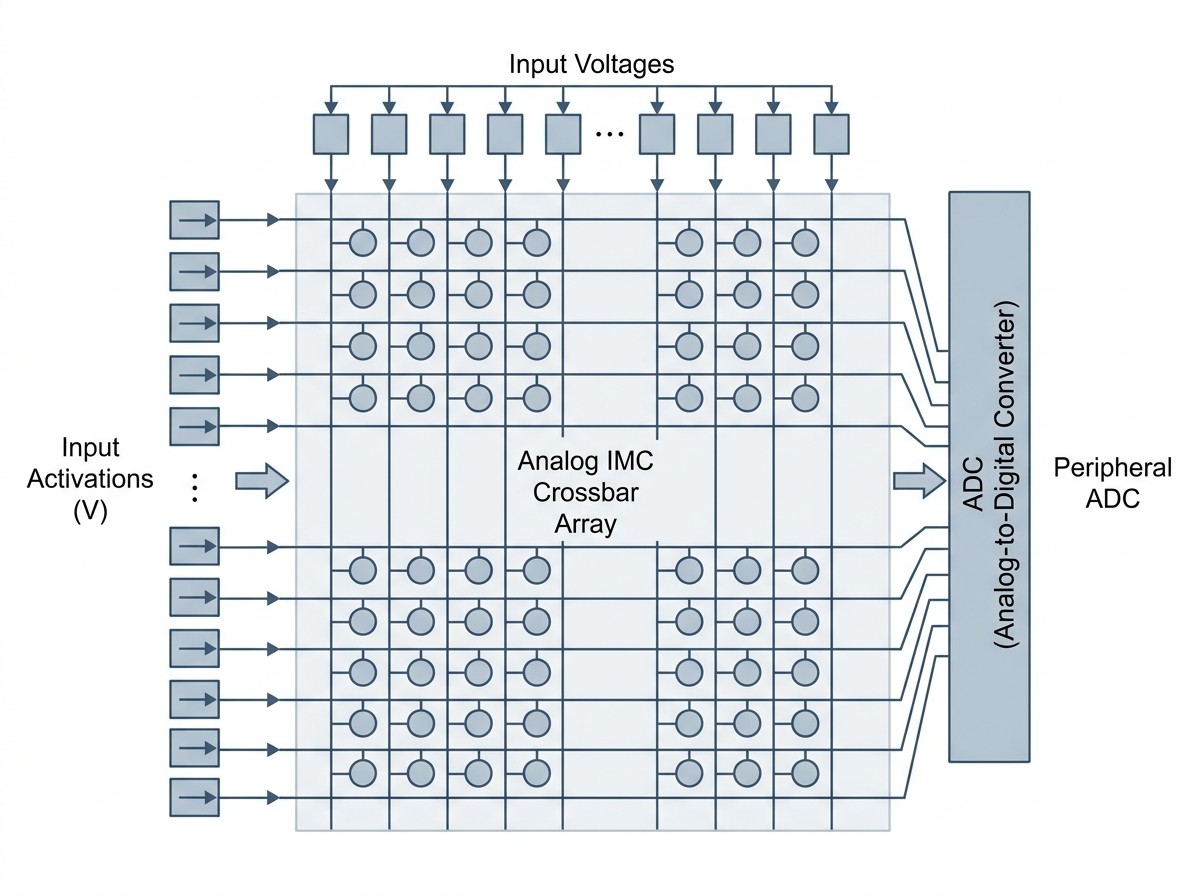 Simplified analog in-memory computing crossbar with input voltages and peripheral ADC