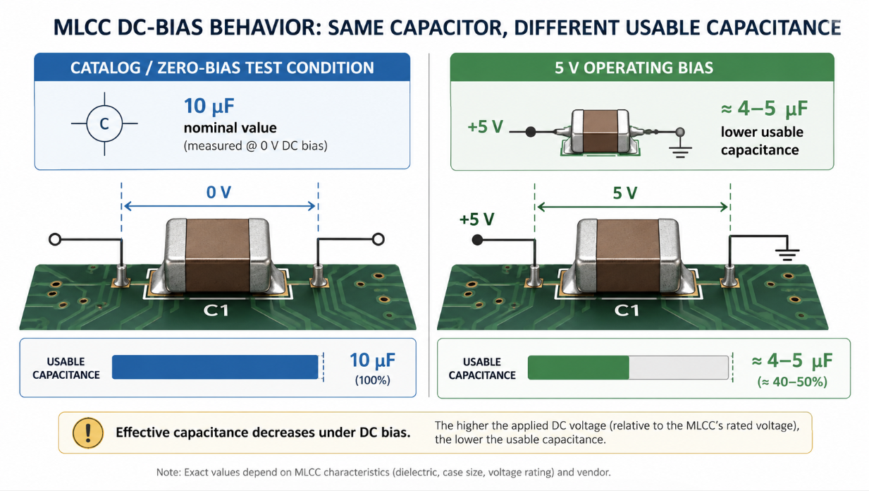MLCC <a href='https://www.utmel.com/blog/categories/capacitors'><strong>capacitor</strong></a> marked 10 uF showing reduced effective capacitance under <a href='https://www.utmel.com/blog/categories/capacitors/what-is-the-dc-bias-characteristic-of-a-capacitor'><strong>DC bias</strong></a> on a live voltage rail..png MLCC <a href='https://www.utmel.com/blog/categories/capacitors'><strong>capacitor</strong></a> marked 10 uF showing reduced effective capacitance under <a href='https://www.utmel.com/blog/categories/capacitors/what-is-the-dc-bias-characteristic-of-a-capacitor'><strong>DC bias</strong></a> on a live voltage rail..png