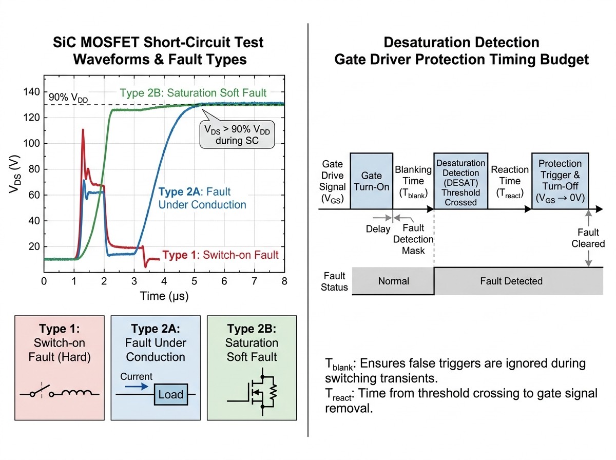 Short-circuit evaluation setup for SiC MOSFETs showing bus voltage, gate drive and junction temperature as the test conditions that determine withstand time