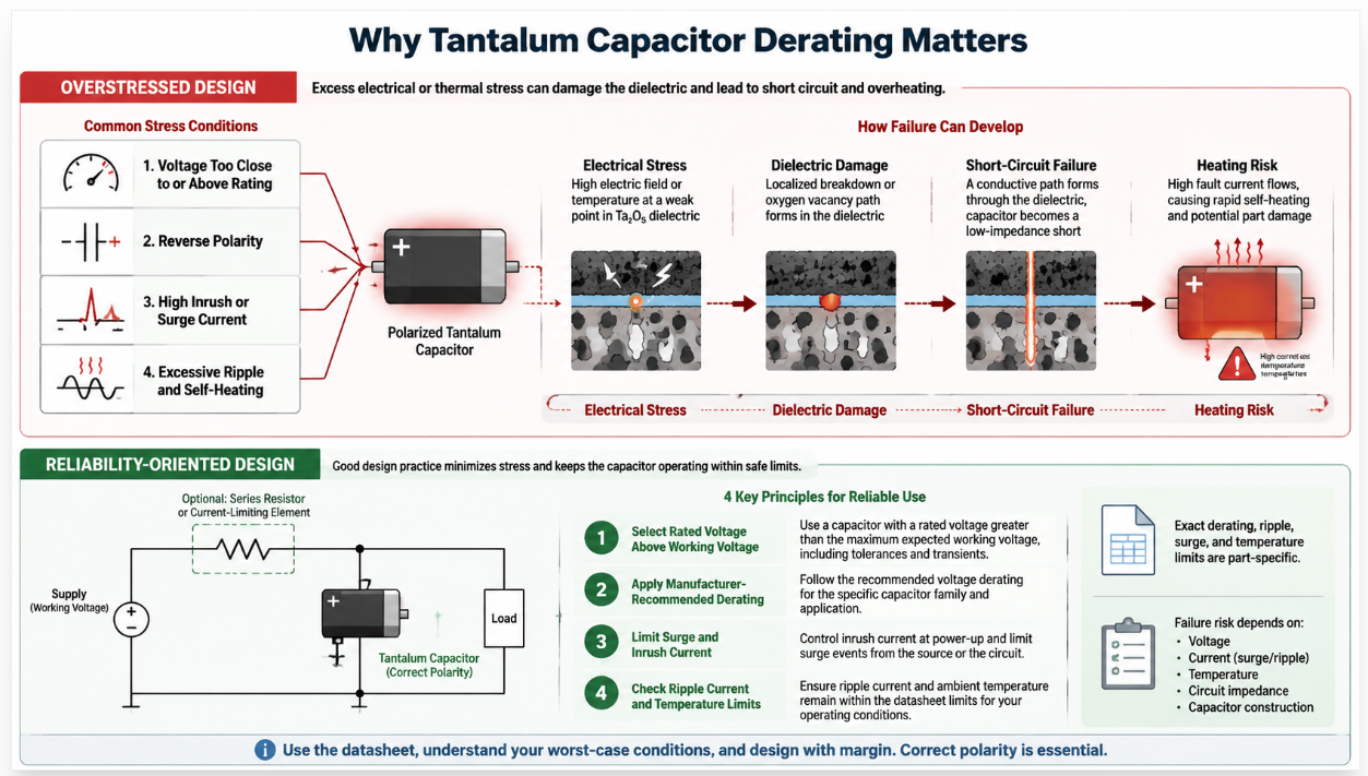 Engineering infographic comparing an overstressed tantalum capacitor circuit with a properly derated and current-limited design.png