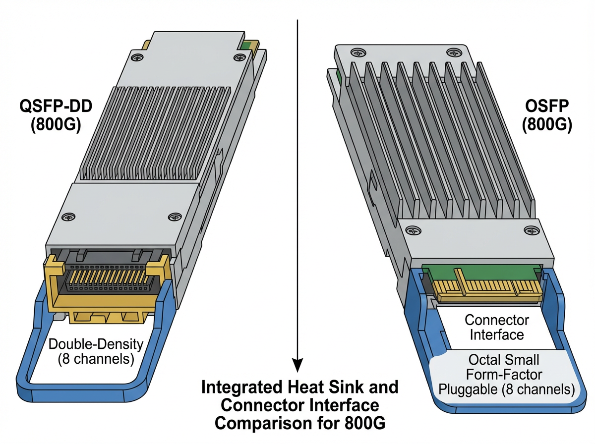 QSFP-DD vs OSFP form factor comparison highlighting integrated heat sink and connector interface for 800G transceivers.png
