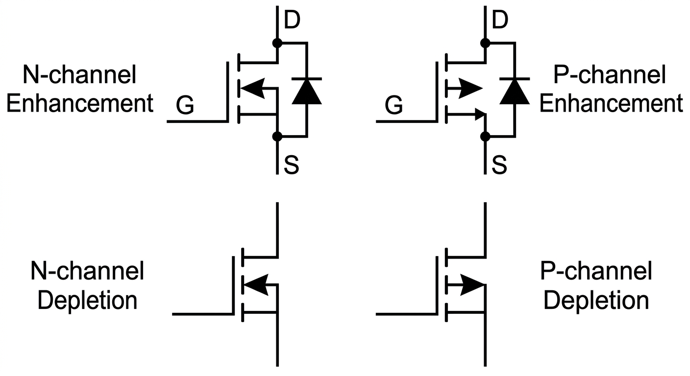 Schematic symbols for the four types of MOSFETs N-channel and P-channel, enhancement and depletion modes.jpg Schematic symbols for the four types of MOSFETs N-channel and P-channel, enhancement and depletion modes.jpg