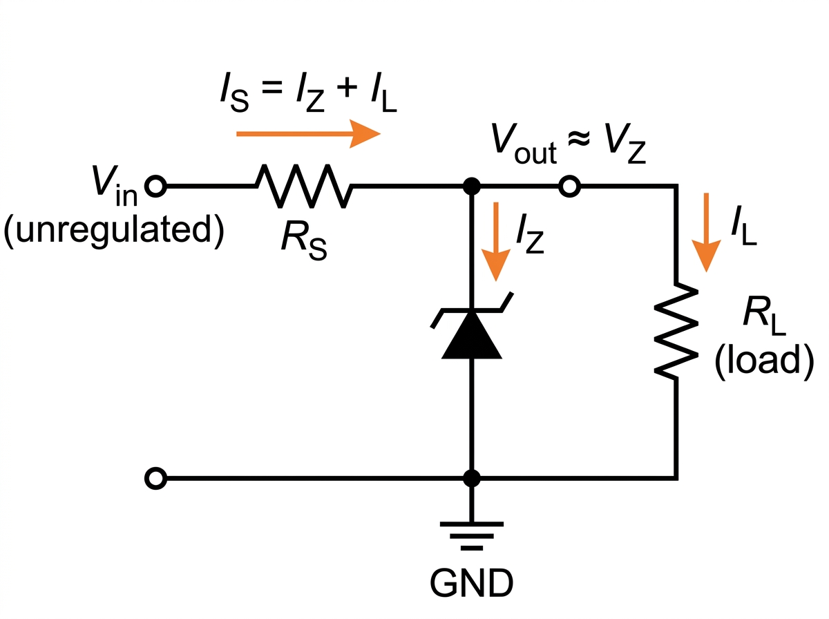 Circuit schematic of a Zener shunt voltage regulator with unregulated input, series resistor, reverse-biased Zener diode to ground, and parallel load with current paths labelled.jpg