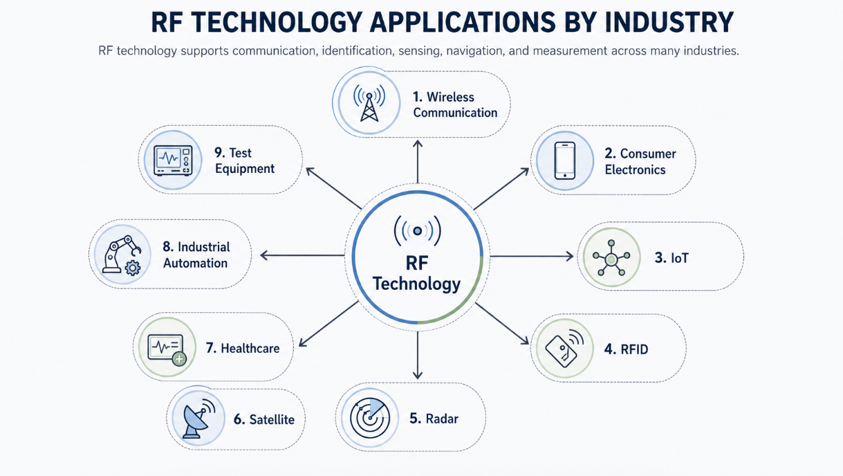 RF technology application map showing wireless communication, IoT, RFID, radar, satellite, healthcare, and test equipment..png RF technology application map showing wireless communication, IoT, RFID, radar, satellite, healthcare, and test equipment..png