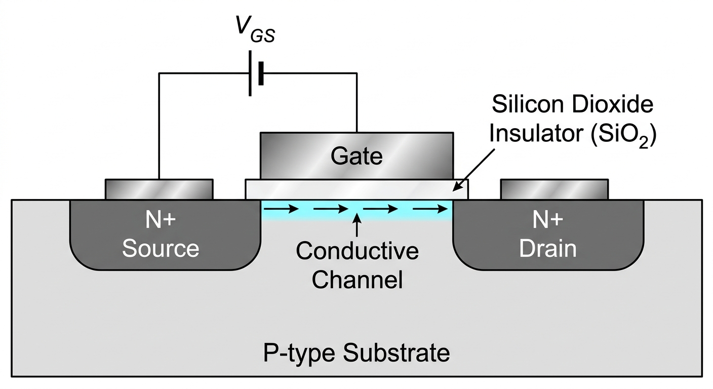 Cross-section diagram of an N-channel enhancement-mode MOSFET showing Gate, Source, Drain, oxide layer, and conductive channel.jpg Cross-section diagram of an N-channel enhancement-mode MOSFET showing Gate, Source, Drain, oxide layer, and conductive channel.jpg