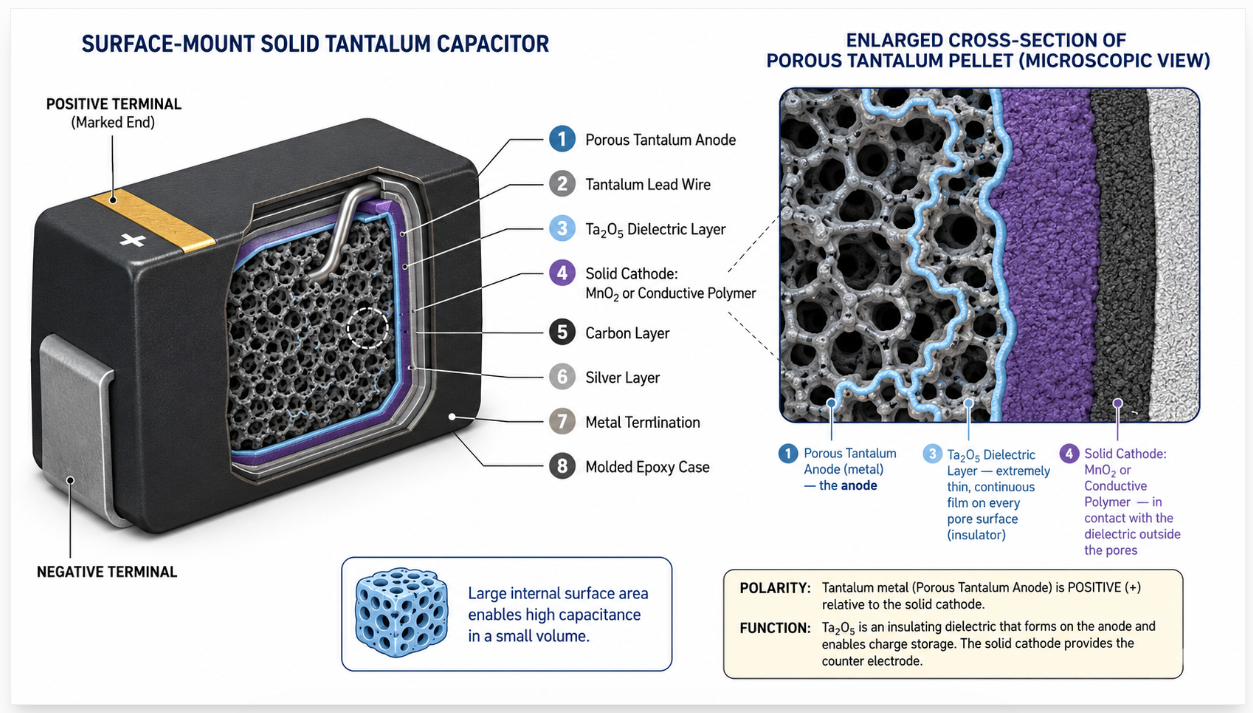 Cutaway diagram of a solid tantalum capacitor showing the porous tantalum anode, tantalum pentoxide dielectric, solid cathode layer, carbon and silver coatings, and external terminals..png