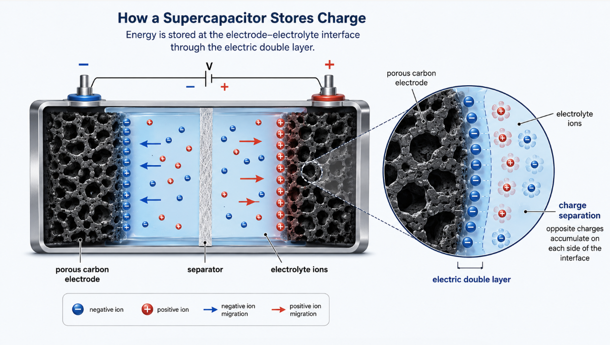 Diagram showing ions forming an electric double layer on porous activated carbon electrodes inside a supercapacitor..png
