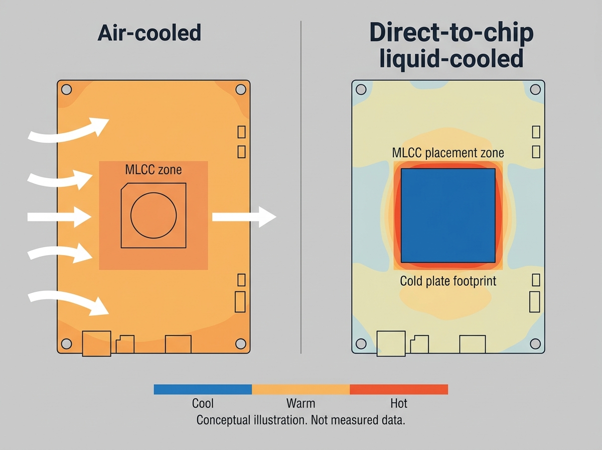 Comparison diagram of board-level thermal distribution in air-cooled versus direct-to-chip liquid-cooled AI servers, highlighting the MLCC placement zone.jpg Comparison diagram of board-level thermal distribution in air-cooled versus direct-to-chip liquid-cooled AI servers, highlighting the MLCC placement zone.jpg