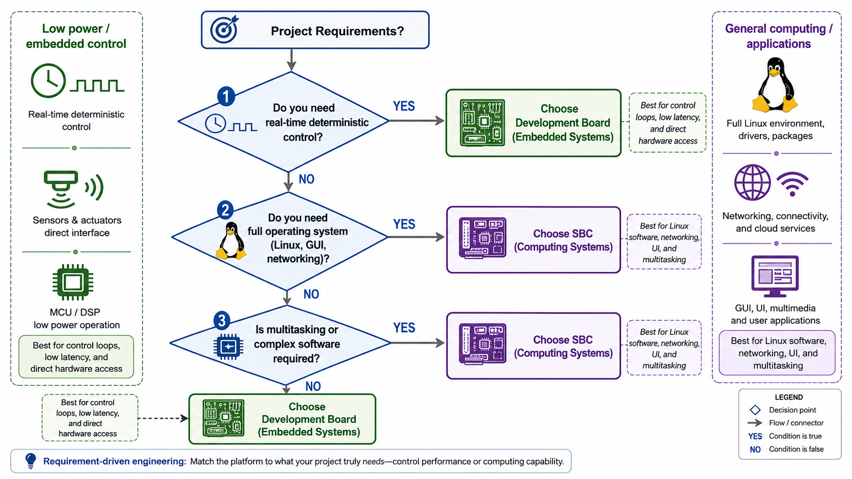 Decision flowchart illustrating how engineering requirements determine whether to use a development board or a single-board computer..png Decision flowchart illustrating how engineering requirements determine whether to use a development board or a single-board computer..png