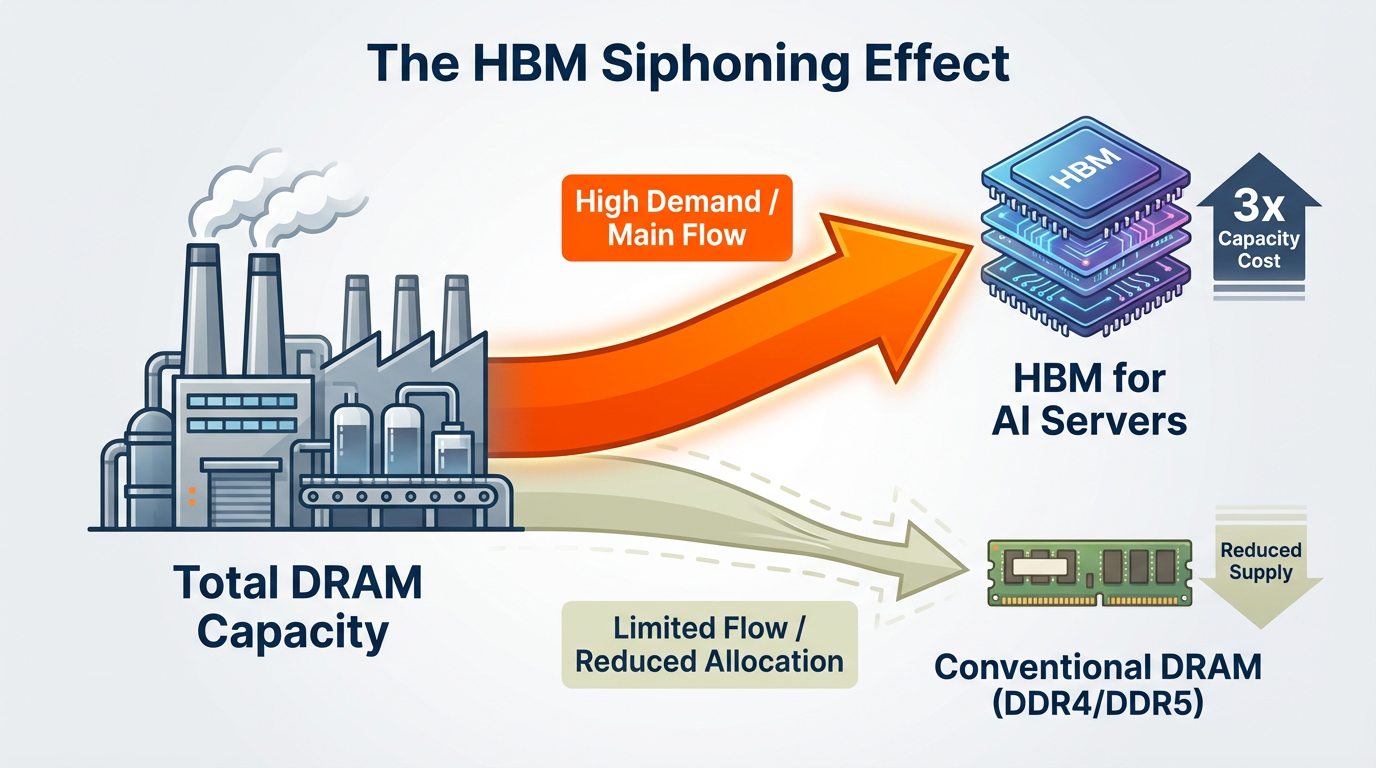An infographic diagram illustrating the 'HBM Siphoning Effect.' On the left, a large factory icon labeled 'Total DRAM Capacity.' Arrows point from it to two smaller icons on the right. The top arrow, thick and prominent, points to an icon of a stacked chip labeled 'HBM for AI Servers,' with a '3x Capacity Cost' tag. The bottom arrow, thin and squeezed, points to an icon of a standard RAM stick labeled 'Conventional DRAM (DDR4/DDR5),' with a 'Reduced Supply' tag. The overall visual should convey a sense of imbalance and resource diversion.