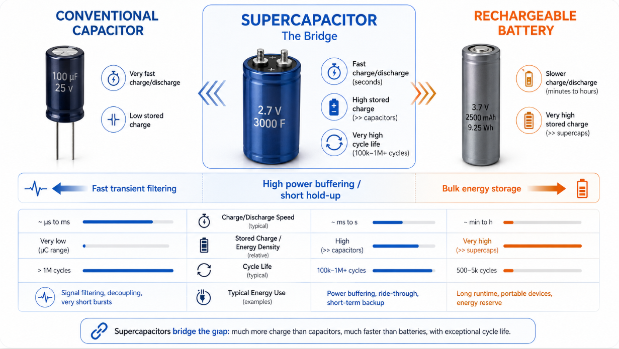 Supercapacitor positioned between a conventional capacitor and a rechargeable battery for fast charge, high cycle life, and short-term energy storage..png