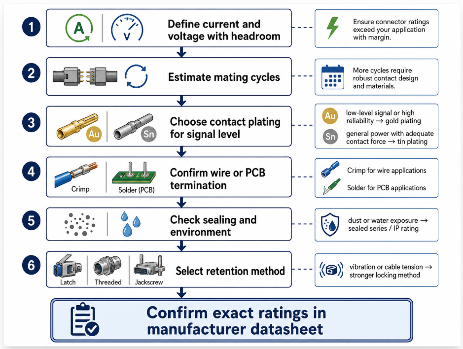 Electrical connector selection flowchart based on current, voltage, mating cycles, plating, termination, sealing, environment.png Electrical connector selection flowchart based on current, voltage, mating cycles, plating, termination, sealing, environment.png