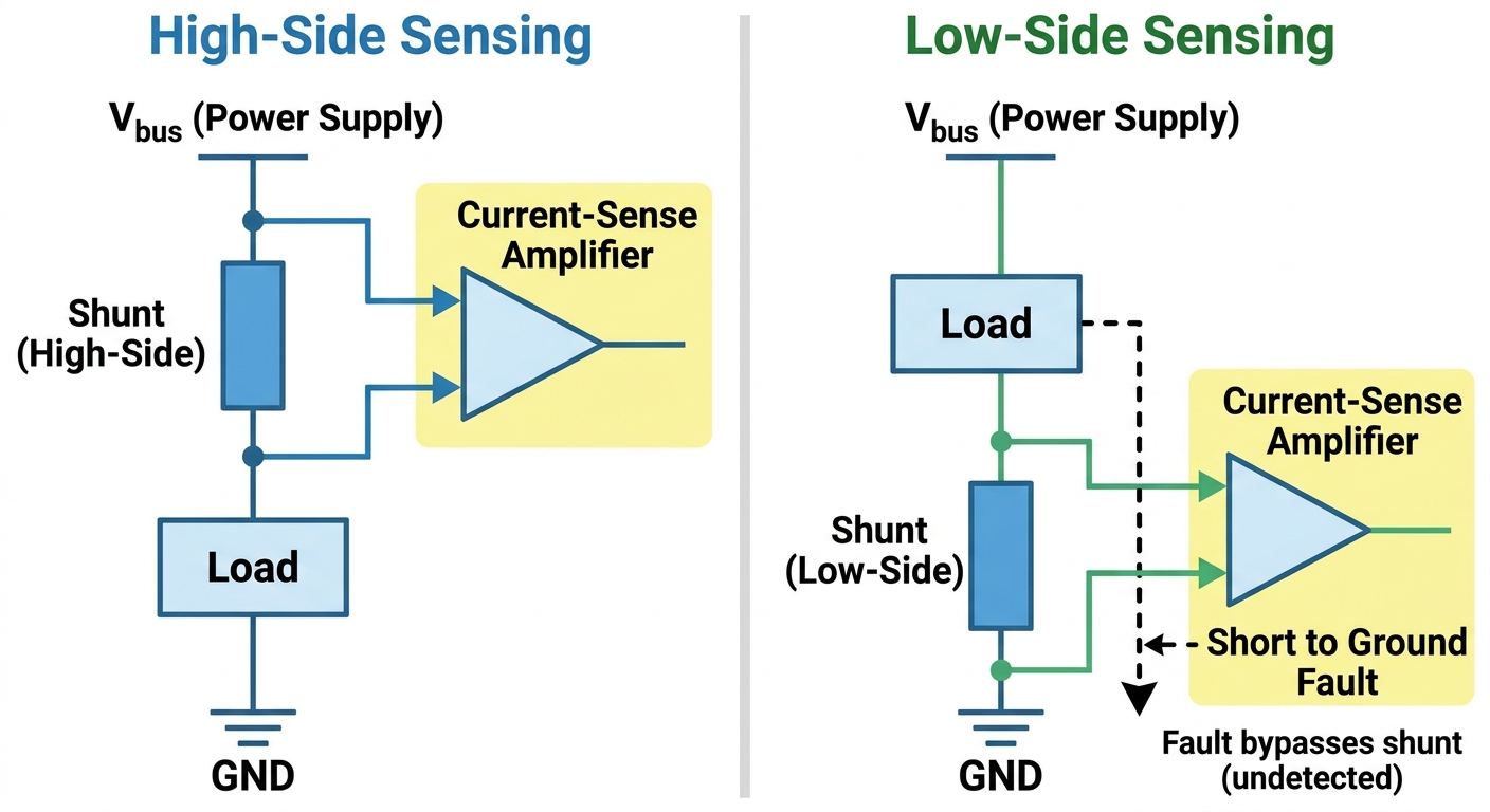 Circuit diagram comparing High-Side current sensing and Low-Side current sensing topologies..jpg Circuit diagram comparing High-Side current sensing and Low-Side current sensing topologies..jpg