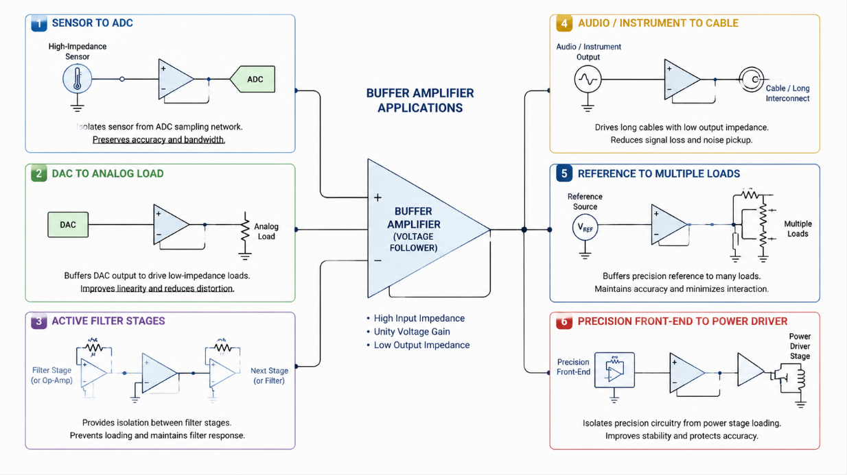 Buffer amplifier applications in sensor, ADC, DAC, filter, audio and cable-driver circuits.png