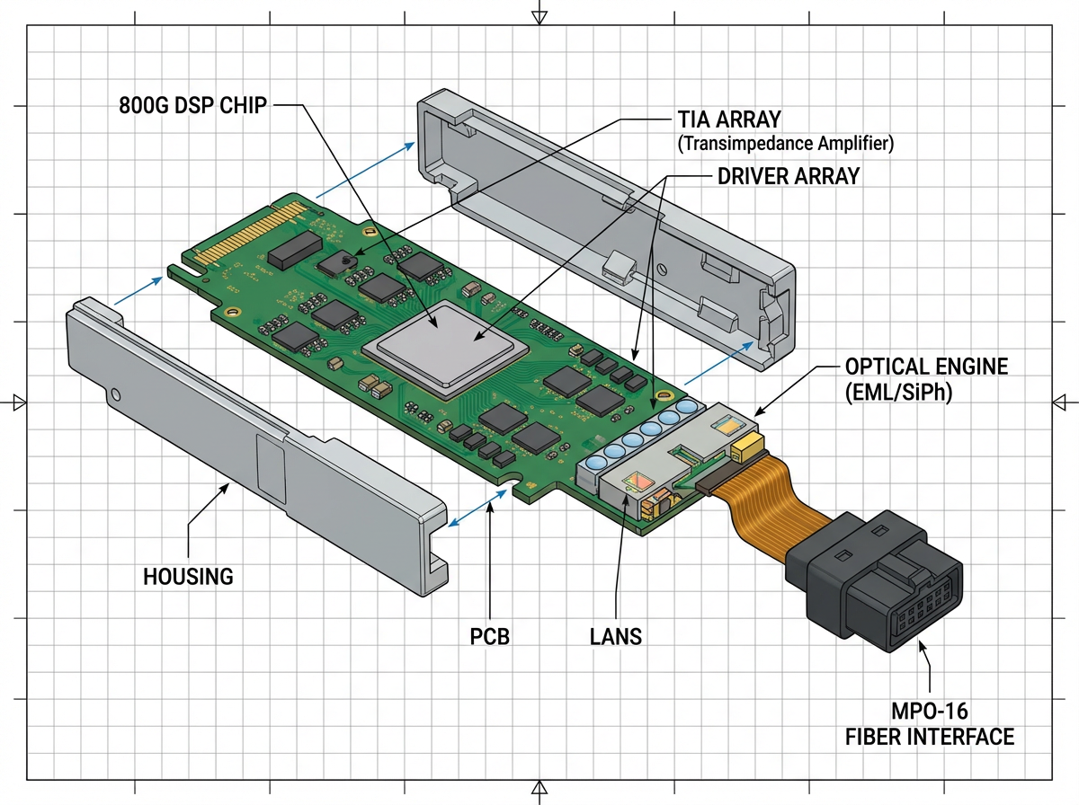 Internal components of 800G optical transceiver showing DSP, TIA, and Optical Engine structure.png