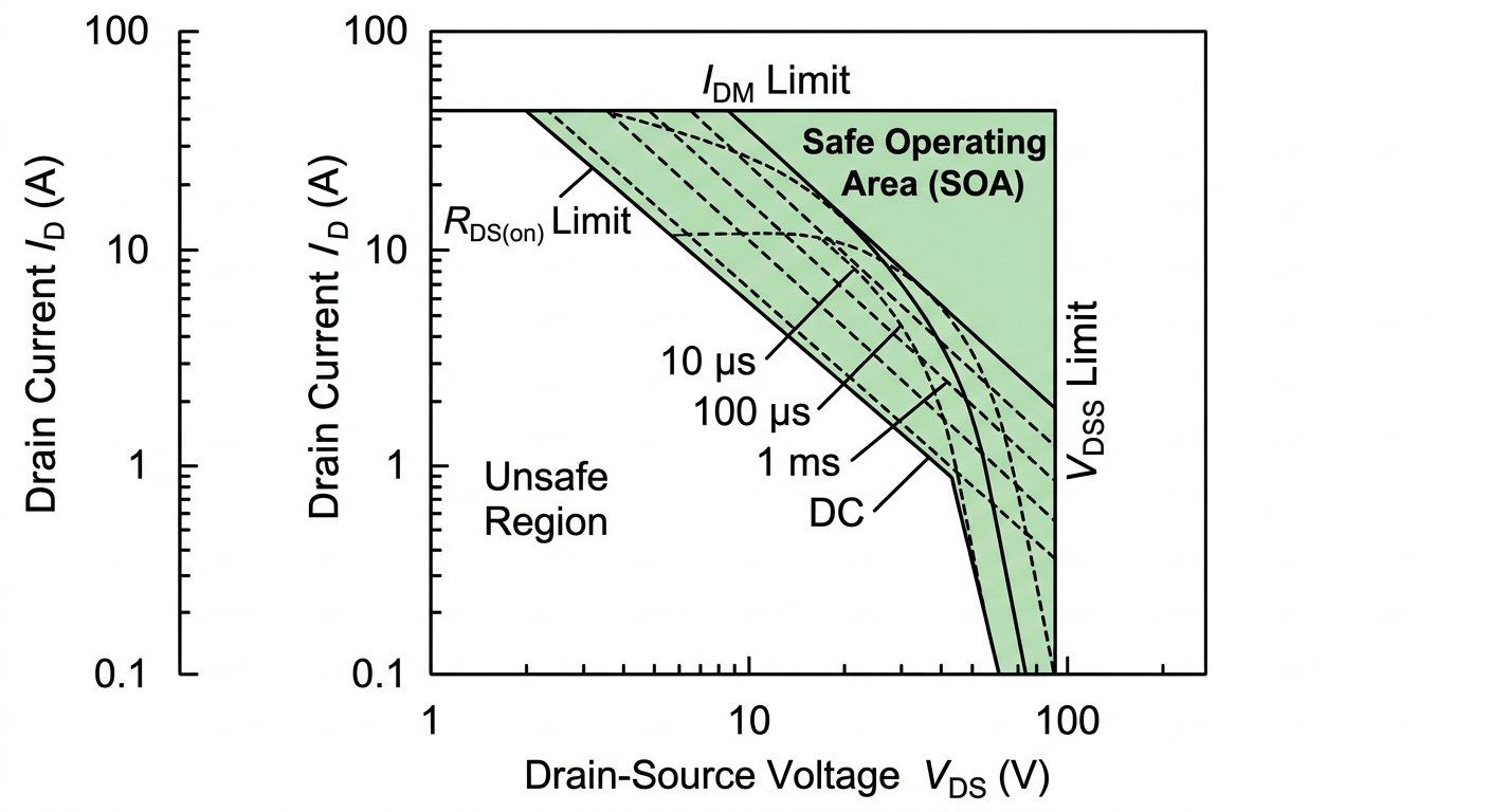 Example of a MOSFET Safe Operating Area (SOA) curve showing maximum voltage, current, and power boundaries.jpg Example of a MOSFET Safe Operating Area (SOA) curve showing maximum voltage, current, and power boundaries.jpg