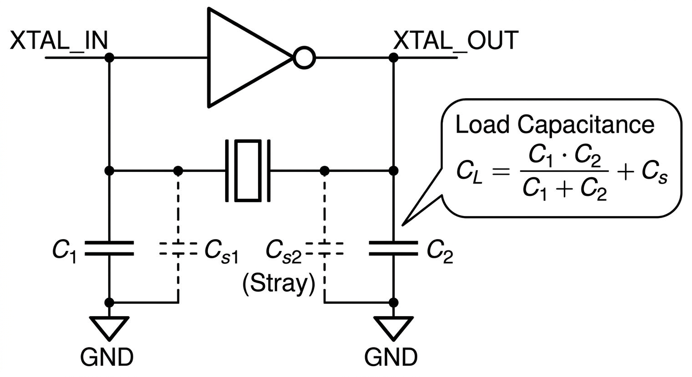 Schematic of a Pierce oscillator showing external load capacitors and stray circuit board capacitance.jpg Schematic of a Pierce oscillator showing external load capacitors and stray circuit board capacitance.jpg