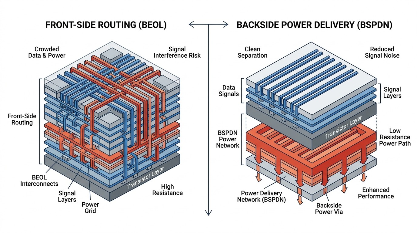 Comparison of Front-Side Routing vs. Backside Power Delivery (BSPDN)..jpg