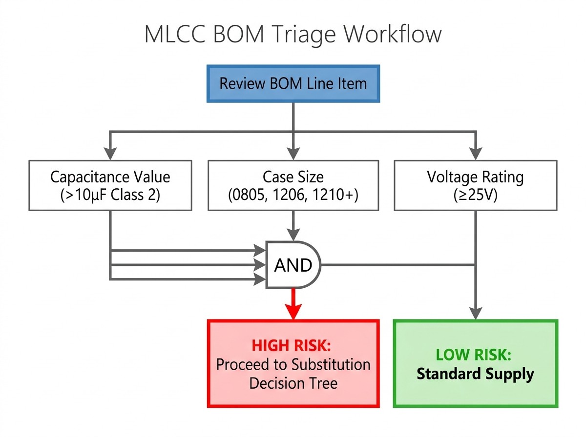 BOM triage workflow for identifying constrained MLCCs by capacitance value, case size and voltage rating