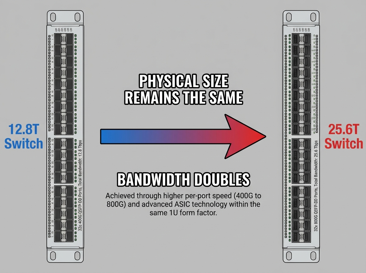 Comparison of 12.8T vs 25.6T switch port density for 800G optical transceiver deployment.jpg