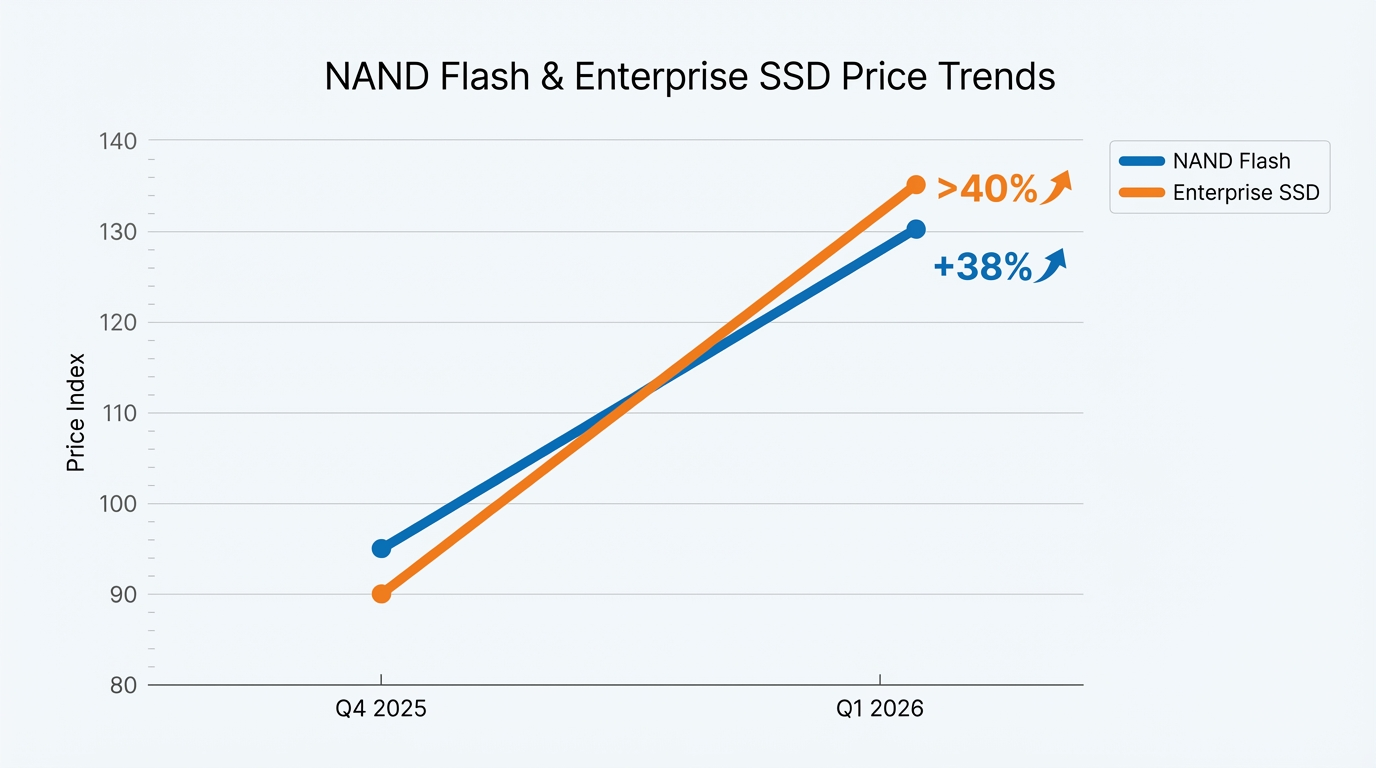 A simple line chart showing the price trend for NAND Flash and Enterprise SSDs from Q4 2025 to Q1 2026. The X-axis is labeled with quarters, and the Y-axis is labeled 'Price Index.' Two lines, one for 'NAND Flash' and one for 'Enterprise SSD,' both show a steep upward trajectory, with the 'Enterprise SSD' line being even steeper than the 'NAND Flash' line. Add annotations like '+38%' for NAND and '>40%' for SSDs next to the lines.