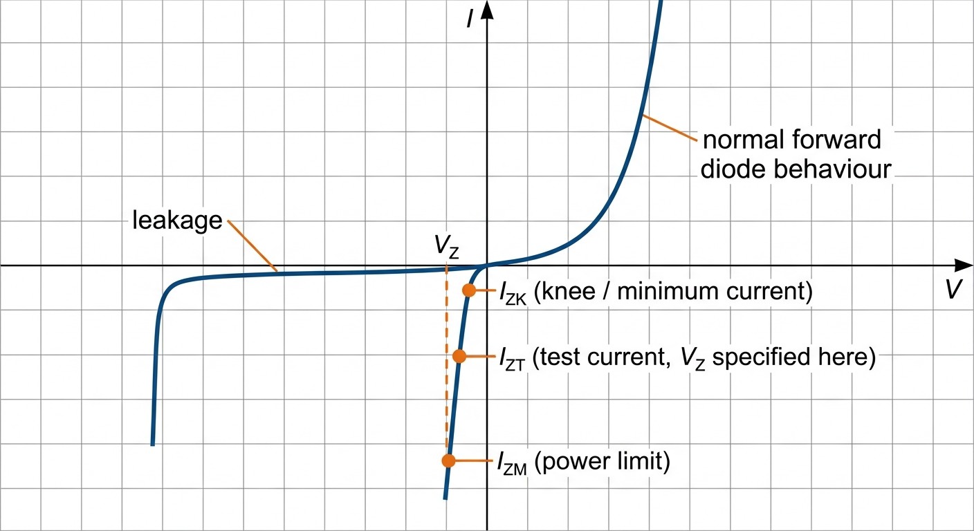 Diagram comparing Zener breakdown and avalanche breakdown mechanisms in a diode junction, with opposite temperature coefficients and the crossover region.jpg