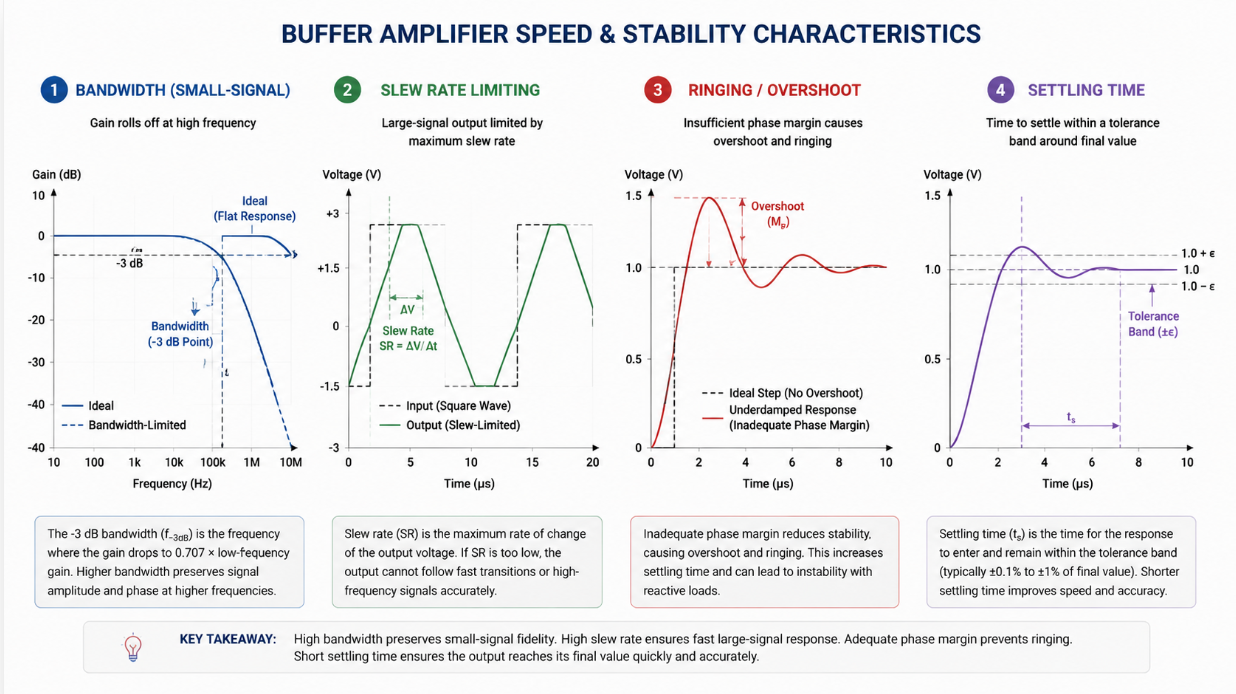 Comparison of buffer amplifier bandwidth, slew-rate limiting, ringing and settling time.png
