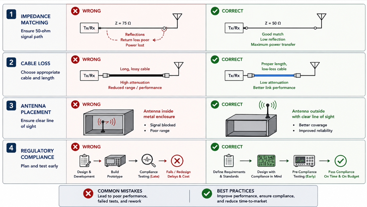 Correct versus wrong RF design comparison showing impedance matching, cable loss, antenna placement, and regulatory checks..png Correct versus wrong RF design comparison showing impedance matching, cable loss, antenna placement, and regulatory checks..png