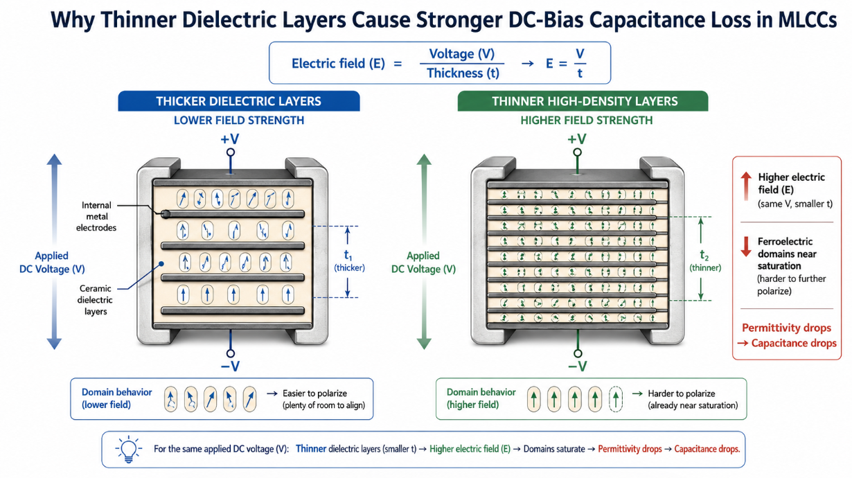 Cross-section of a <a href='https://www.utmel.com/blog/categories/capacitors/what-are-the-types-and-dielectric-of-ceramic-capacitors'><strong>multilayer ceramic capacitor</strong></a> showing thinner dielectric layers creating higher electric field and stronger DC bias capacitance loss..png Cross-section of a <a href='https://www.utmel.com/blog/categories/capacitors/what-are-the-types-and-dielectric-of-ceramic-capacitors'><strong>multilayer ceramic capacitor</strong></a> showing thinner dielectric layers creating higher electric field and stronger DC bias capacitance loss..png