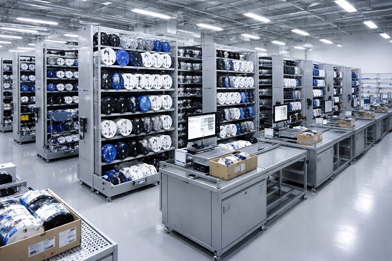 A well-organized, automated electronics warehouse showing reels of surface mount components (SMD) ready for shipping. Clean industrial aesthetic..jpg