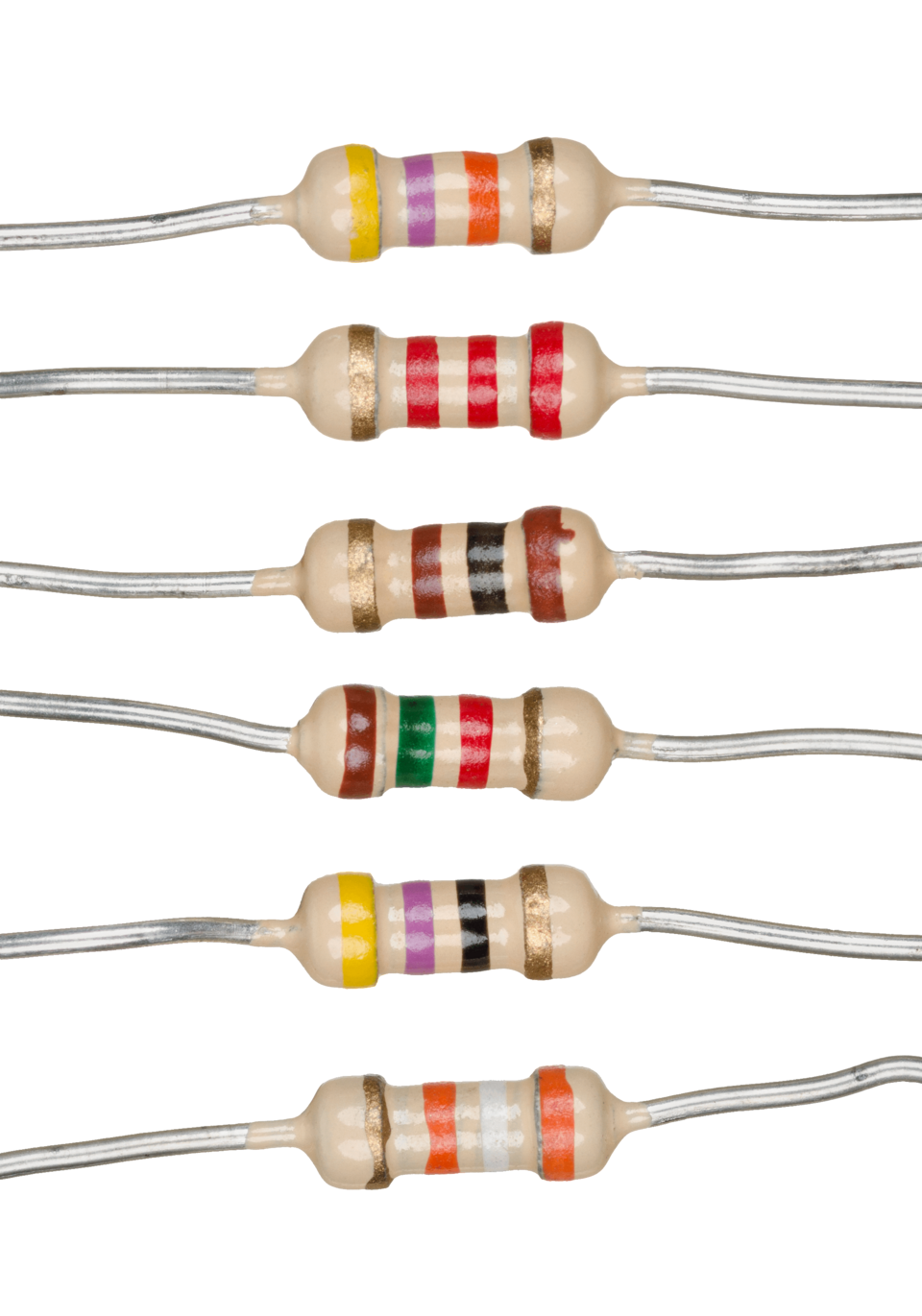 Various types of through-hole resistors with color bands