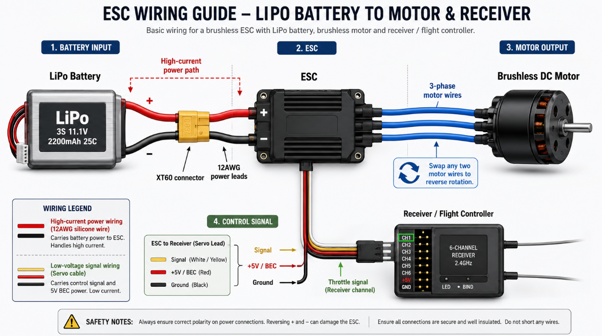 A detailed physical wiring diagram demonstrating the correct connections between a LiPo battery, a brushless speed controller, a receiver flight controller, and a brushless DC motor.png A detailed physical wiring diagram demonstrating the correct connections between a LiPo battery, a brushless speed controller, a receiver flight controller, and a brushless DC motor.png