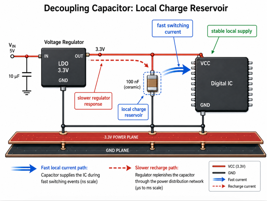 Decoupling capacitor acting as a local charge reservoir that supplies fast current bursts to a digital IC while the voltage regulator responds more slowly..png Decoupling capacitor acting as a local charge reservoir that supplies fast current bursts to a digital IC while the voltage regulator responds more slowly..png