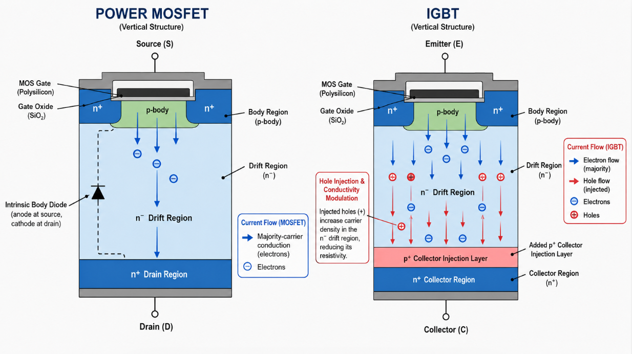 Cross-section comparison of a power MOSFET and an IGBT showing drift region, MOS gate, body diode, and p+ collector injection layer..png