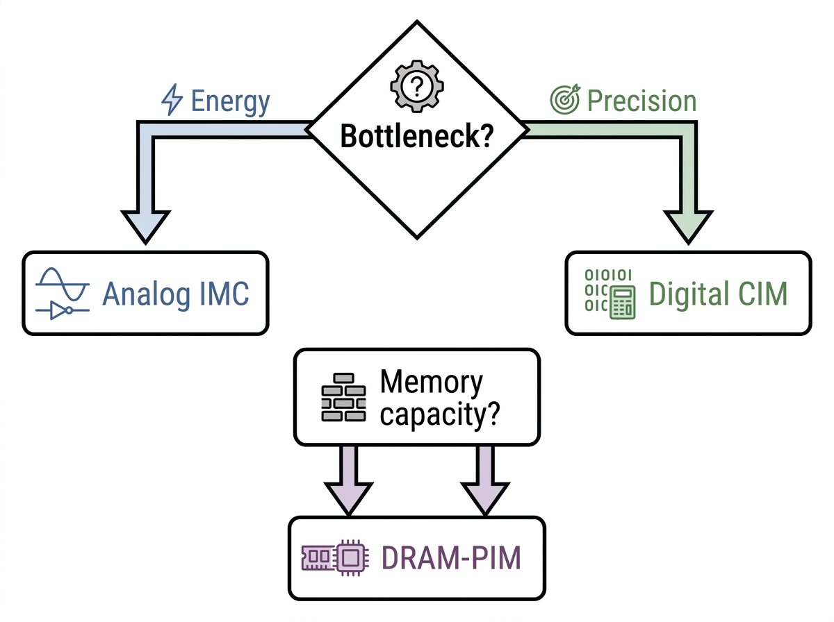 Simplified orientation diagram for analog CIM, digital CIM, and DRAM-PIM