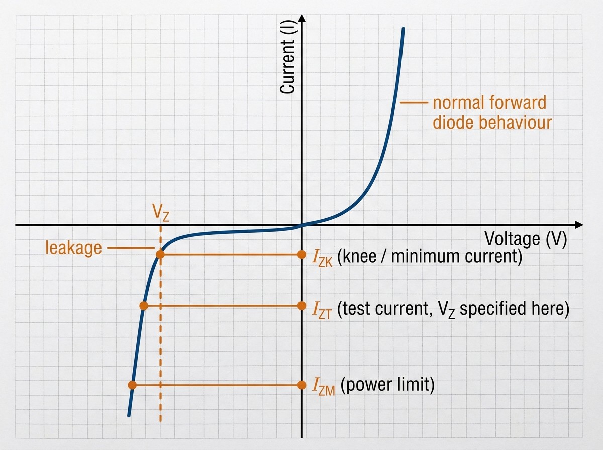 Annotated current-voltage characteristic curve of a Zener diode showing forward conduction, reverse leakage, breakdown knee, and the steep regulation region.jpg