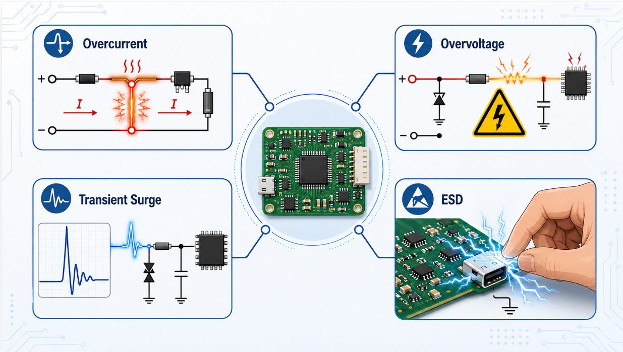 Circuit protection threat overview showing overcurrent, overvoltage, transient surge, and electrostatic discharge..png Circuit protection threat overview showing overcurrent, overvoltage, transient surge, and electrostatic discharge..png