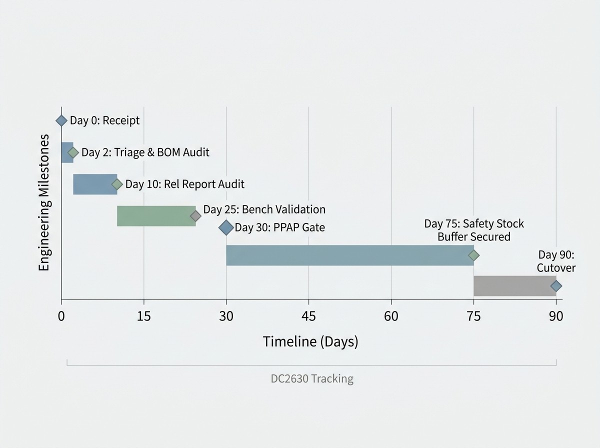 A-clean-engineering-milestone-timeline-showing-Day-0-Receipt,-Day-2-Triage-and-BOM-Audit,-Day-10-Rel.jpg A-clean-engineering-milestone-timeline-showing-Day-0-Receipt,-Day-2-Triage-and-BOM-Audit,-Day-10-Rel.jpg