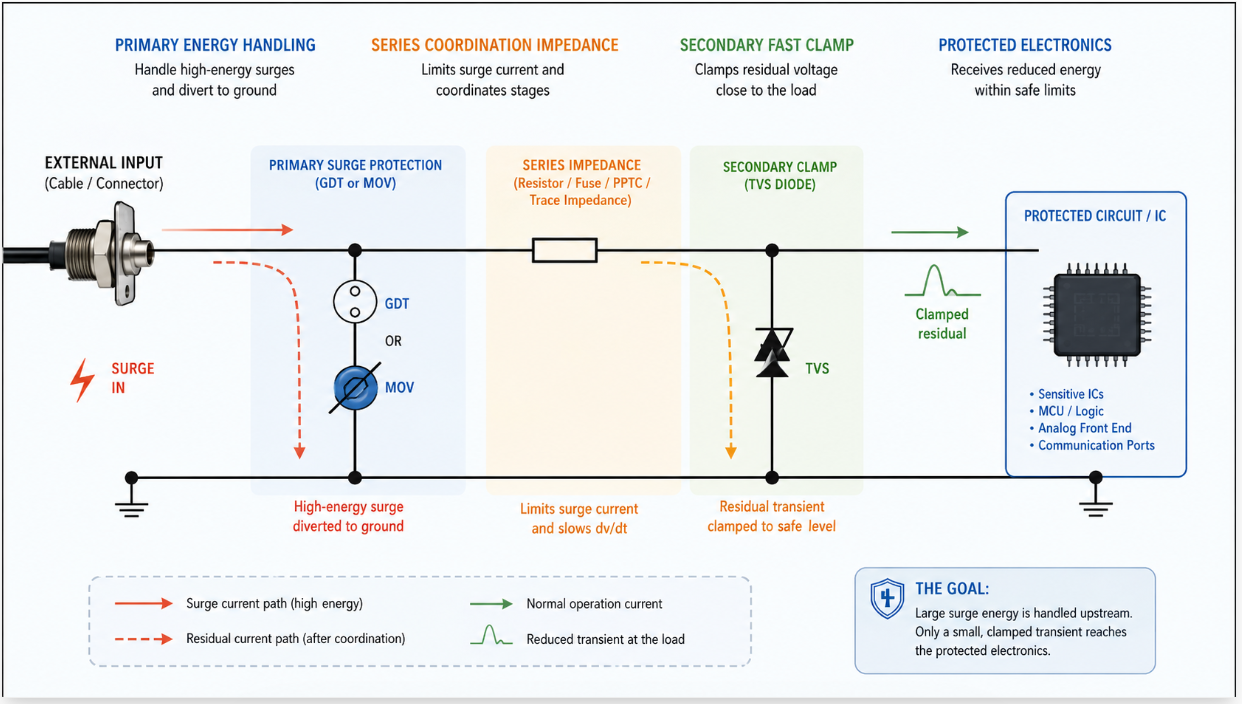 Layered circuit protection input stage showing primary surge protection, series impedance, secondary TVS clamp, and protected load..png Layered circuit protection input stage showing primary surge protection, series impedance, secondary TVS clamp, and protected load..png