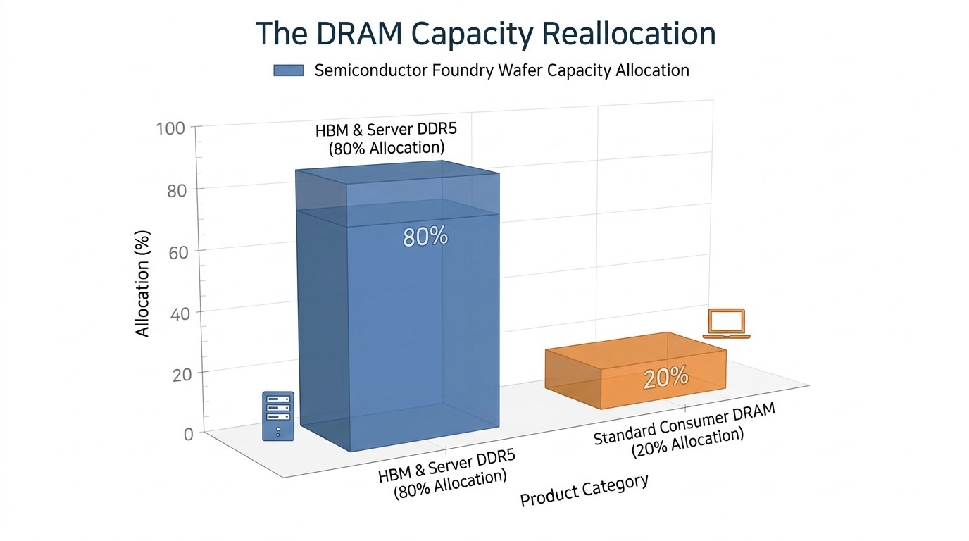 Global DRAM wafer capacity reallocation favoring high-margin AI memory..jpg Global DRAM wafer capacity reallocation favoring high-margin AI memory..jpg