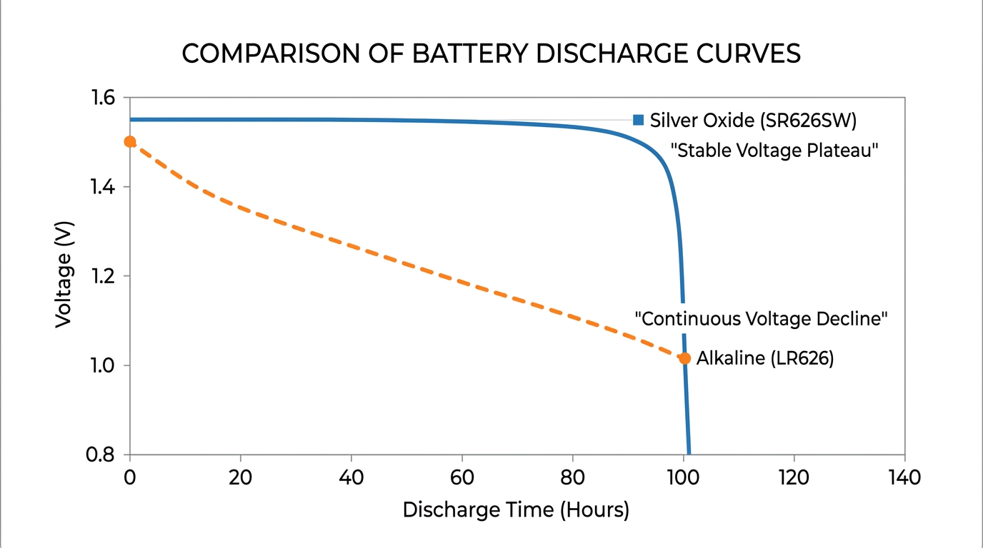 Voltage discharge curve comparison between Silver Oxide and Alkaline chemistries..jpg
