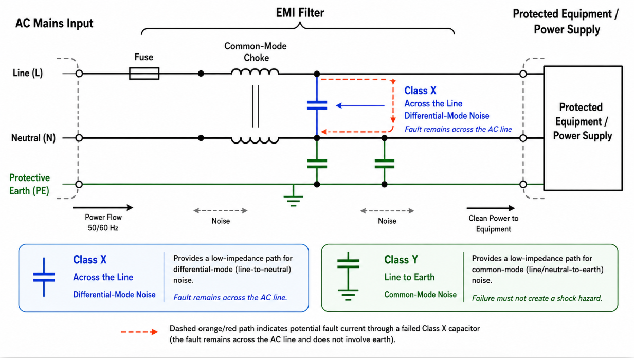 Class X and Class Y safety capacitor positions in an AC mains EMI filter.png Class X and Class Y safety capacitor positions in an AC mains EMI filter.png