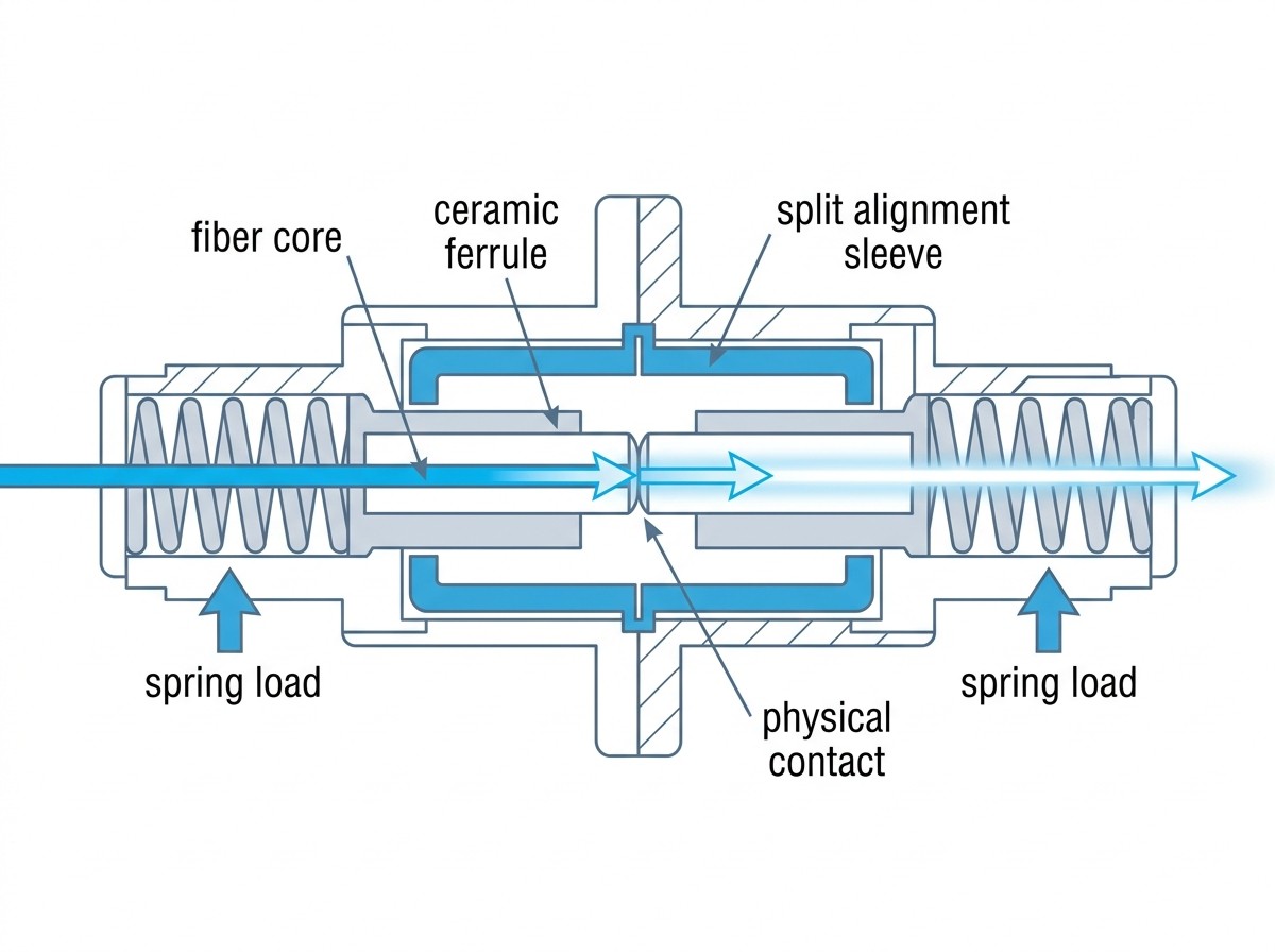 Cross-section diagram of two mated fiber optic connectors showing fiber core, ceramic ferrules, split alignment sleeve and spring-loaded physical contact.jpg Cross-section diagram of two mated fiber optic connectors showing fiber core, ceramic ferrules, split alignment sleeve and spring-loaded physical contact.jpg
