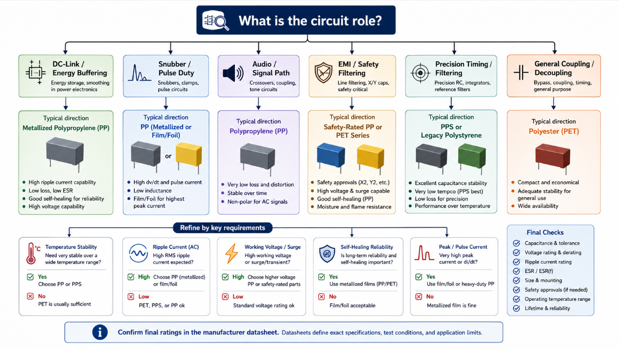 Film capacitor selection flowchart based on application, ripple current, voltage stress, temperature stability, self-healing, and pulse-current requirements..png Film capacitor selection flowchart based on application, ripple current, voltage stress, temperature stability, self-healing, and pulse-current requirements..png