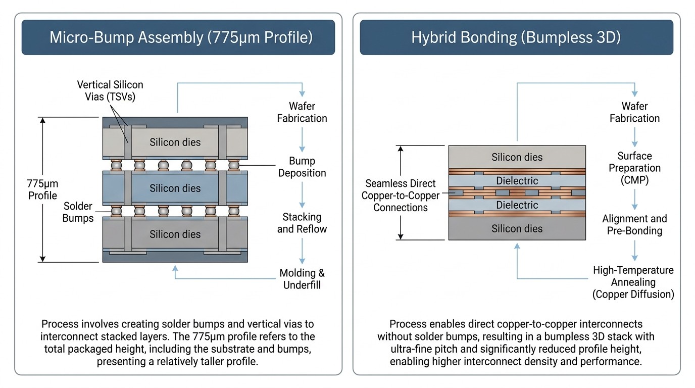 Comparison between micro-bump assembly and hybrid bonding packaging technologies..jpg Comparison between micro-bump assembly and hybrid bonding packaging technologies..jpg